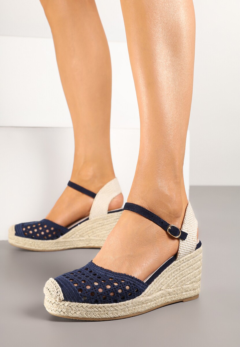 Niebieskie Ażurowe Sandały Espadryle na Plecionym Koturnie ze Skórzaną Wkładką Terreina
