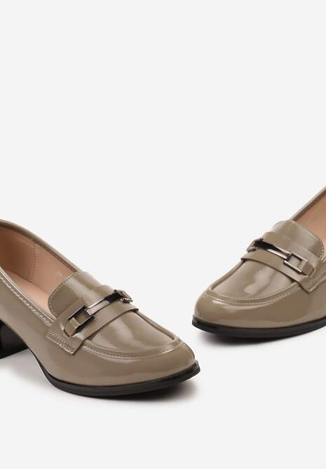 Szare Lakierowane Półbuty ze Skórzaną Wkładką na Słupku z Metalową Klamrą Fondaria