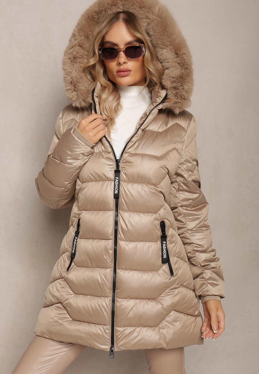 Beżowa Kurtka z Kieszeniami i Kapturem Ozdobionym Sztucznym Futerkiem Danann