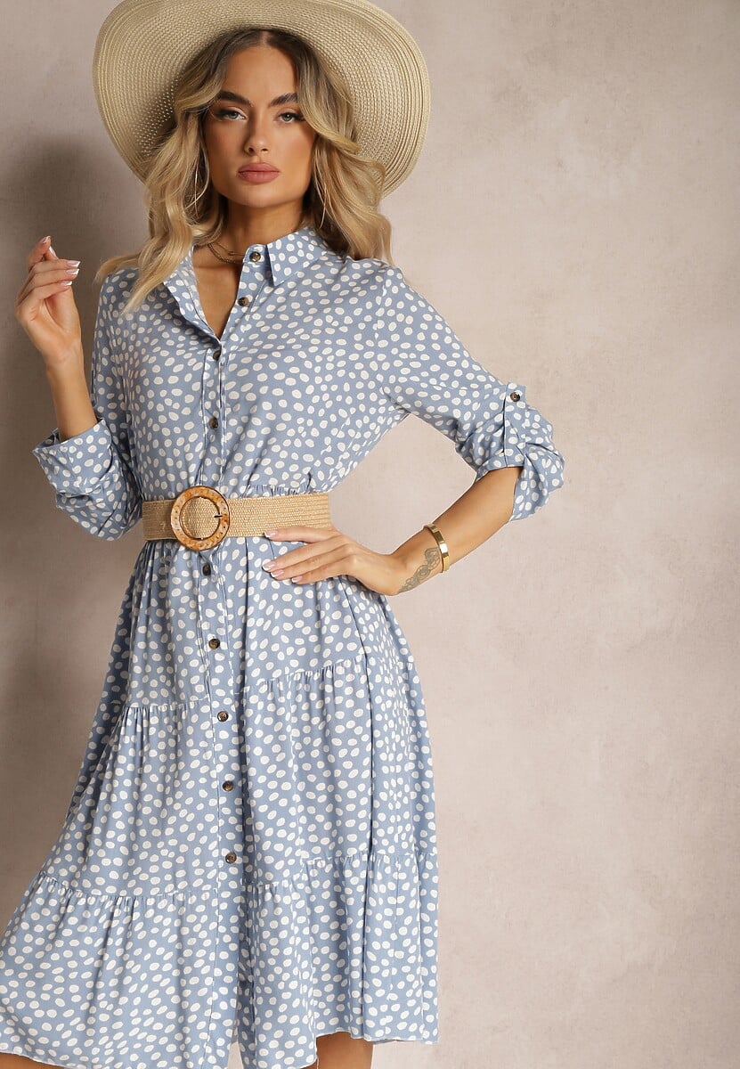 Jasnoniebieska Bawełniana Sukienka Koszulowa w Kropki Wexnella