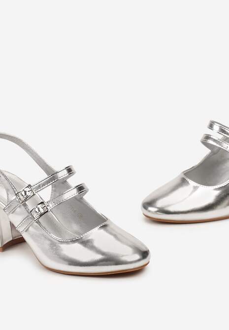 Srebrne Czółenka na Obcasie Ozdobione Cienkimi Paskami Okaria