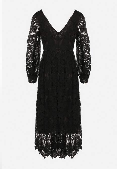 Czarna Rozkloszowana Sukienka Retro z Ażurowej Koronki Meliris