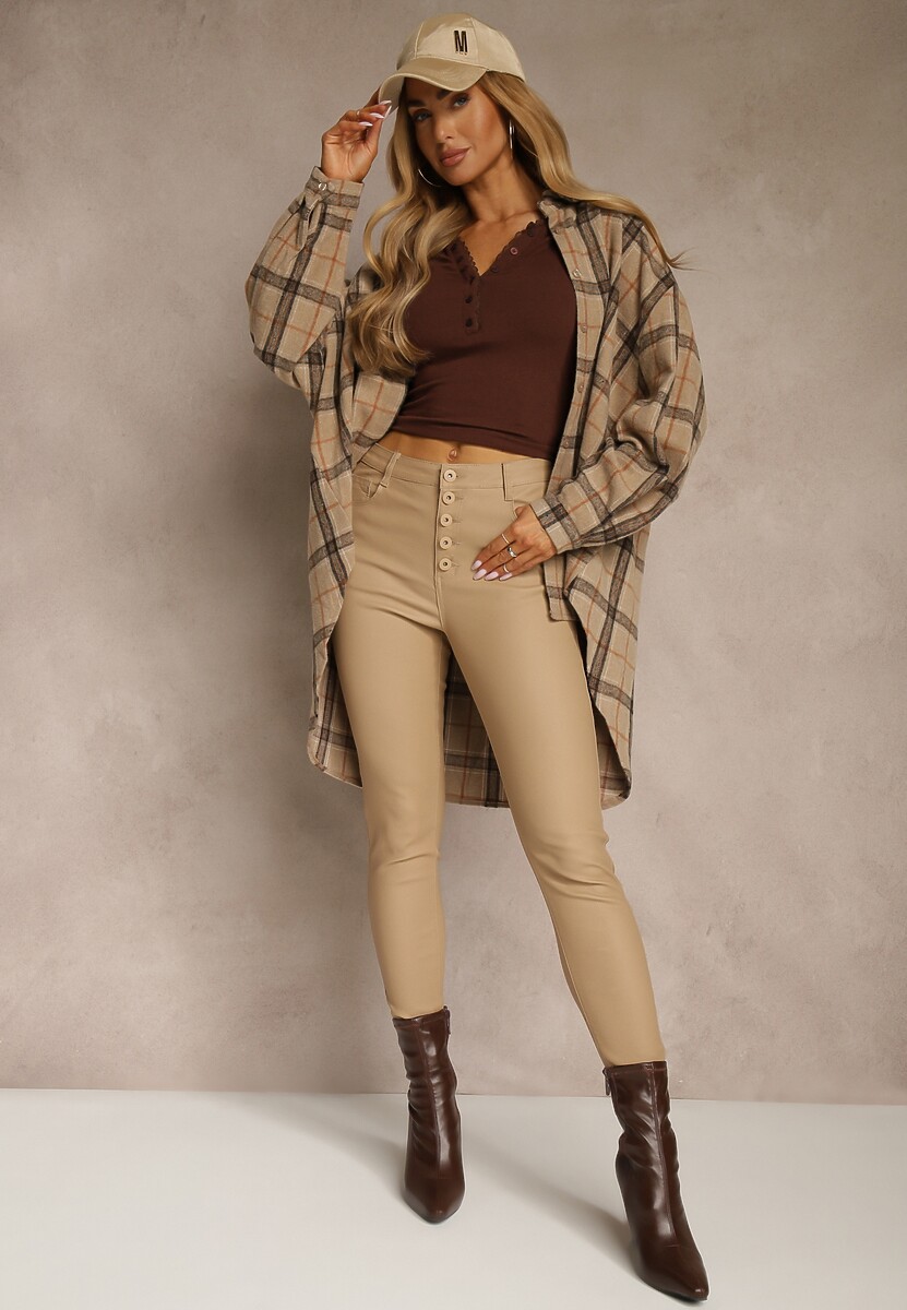 Brązowe Modelujące Spodnie z Ekoskóry o Fasonie Skinny Caetana