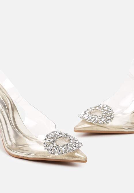 Złote Czółenka z Odkrytą Piętą i Transparentną Cholewką oraz Cyrkoniami Navieria