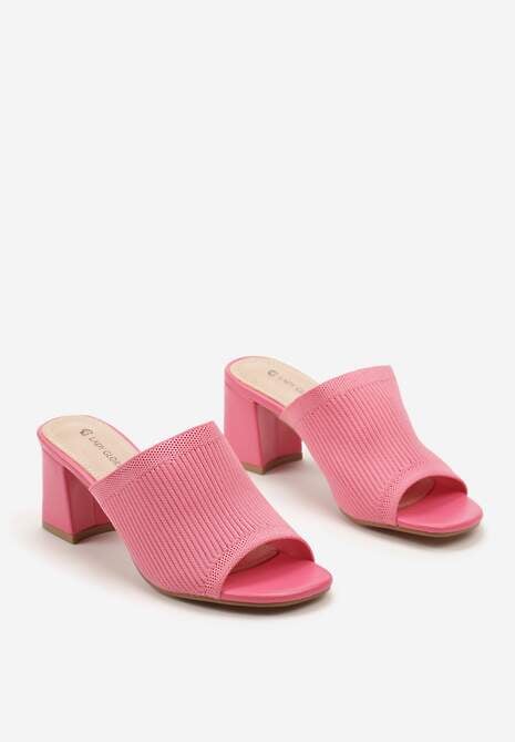 Różowe Klapki z Imitacji Skóry na Słupku z Szerokim Paskiem Vattima