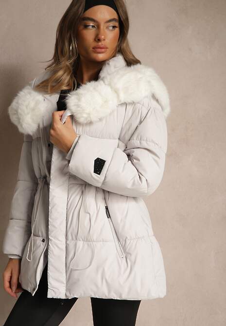 Biała Pikowana Kurtka z Szerokim Kapturem z Futrem Galiessa