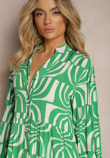 Zielona Długa Sukienka Rozkloszowana w Geometryczne Wzory z Kołnierzykiem Skulle