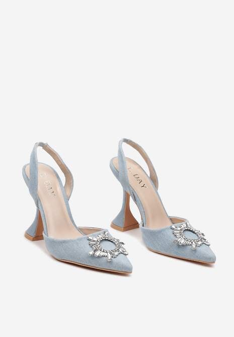 Jasnoniebieskie Sandały na Obcasie Klepsydra z Paskiem z Gumką i Kryształkami Alatria