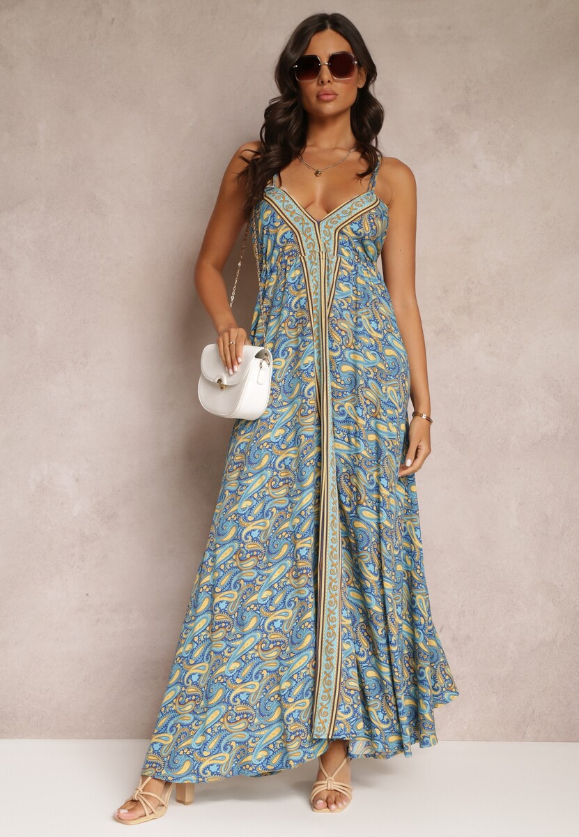 Niebieska Rozkloszowana Sukienka Maxi Wiązana na Szyi z Wiskozy z Printem Paisley Olympie