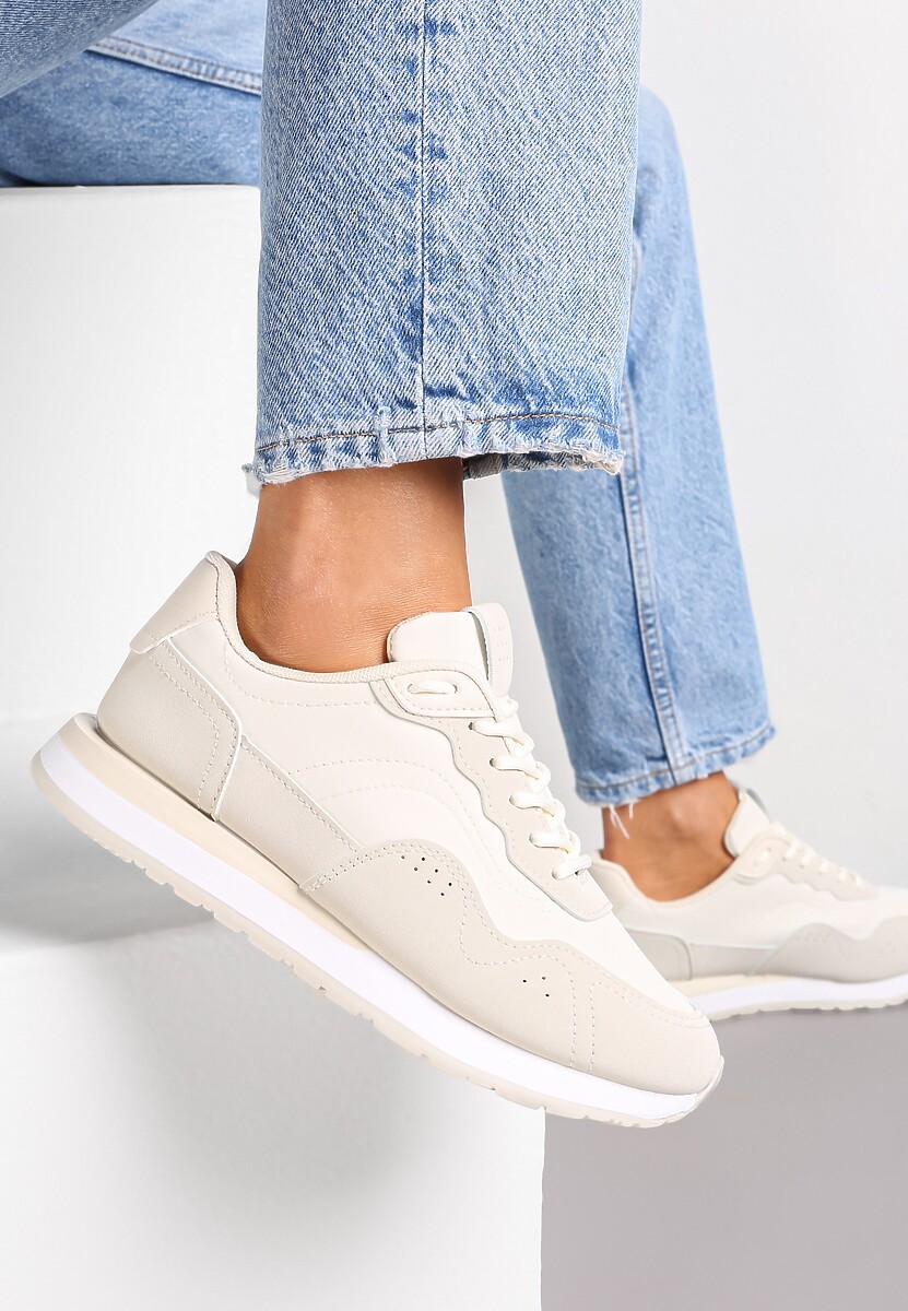 Beżowe Sneakersy Zdobione Wstawkami z Imitacji Skóry Fayela