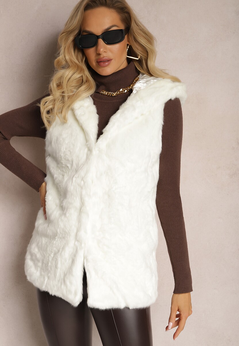 Szara Kamizelka Futrzana z Kapturem Linie