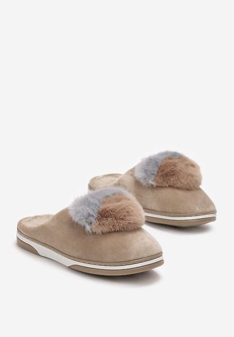 Ciemnobeżowe Kapcie z Pomponem w Kształcie Serduszka z Futerka Rafima