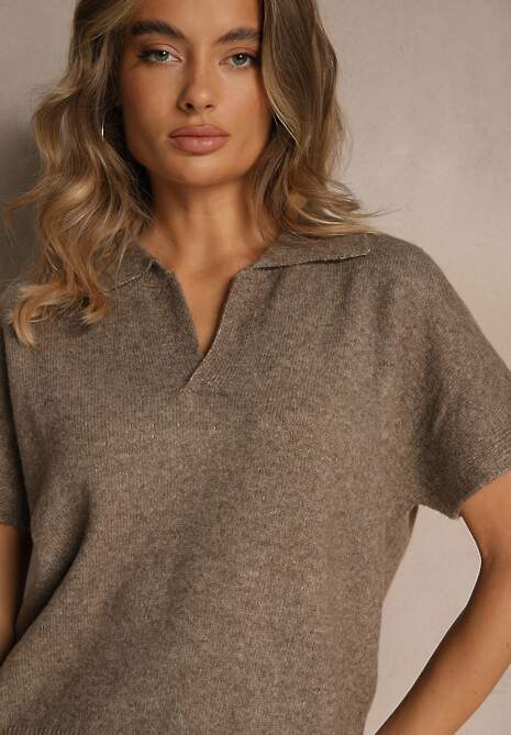 Jasnobrązowy Sweter z Wełną z Krótkim Rękawem i Dekoltem V z Kołnierzem Tevirna