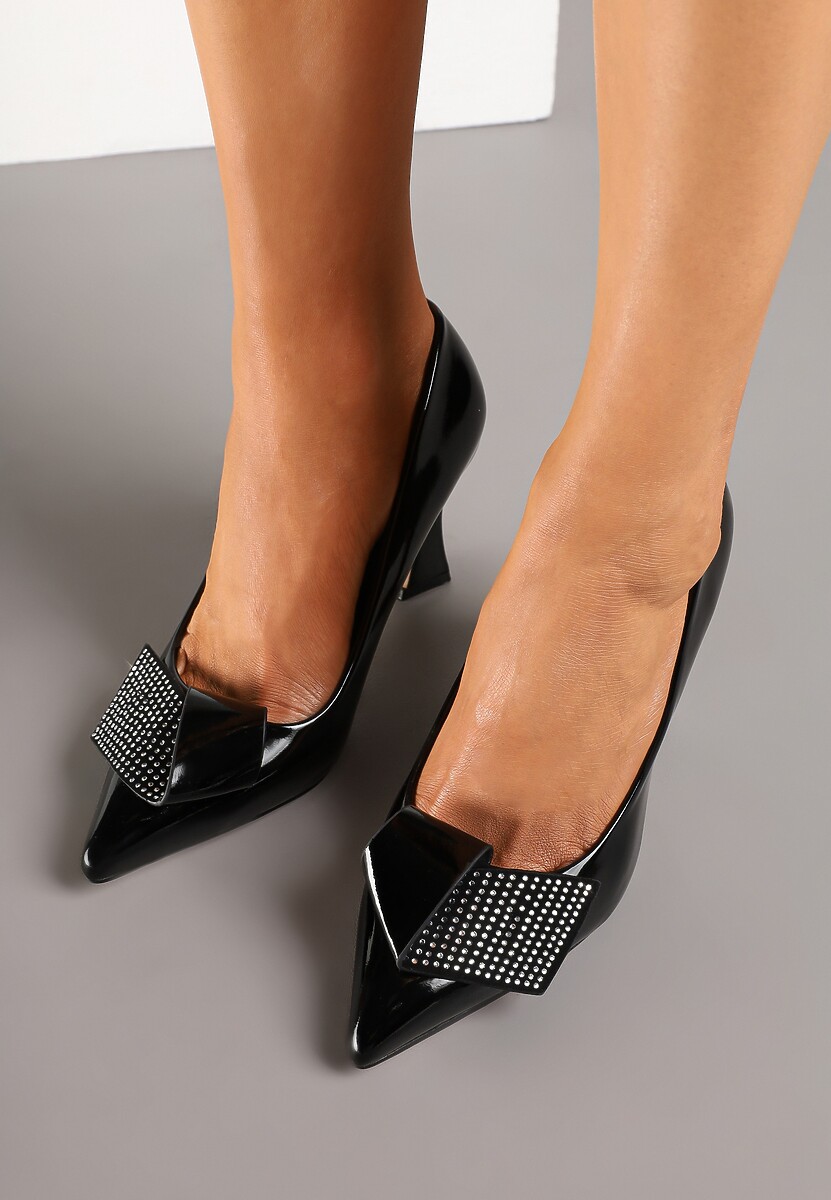 Czarne Czółenka na Obcasie Typu Klepsydra Zdobione Aplikacją z Cyrkoniami Rialese