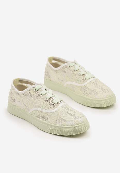 Beżowo-Zielone Tenisówki Ozdobione Koronką Orrisanne
