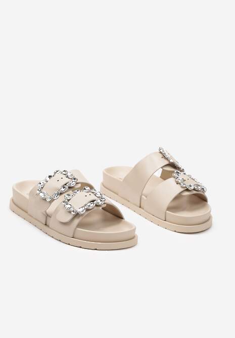 Beżowe Regulowane Klapki na Płaskiej Podeszwie Zdobione Cyrkoniami Melalia