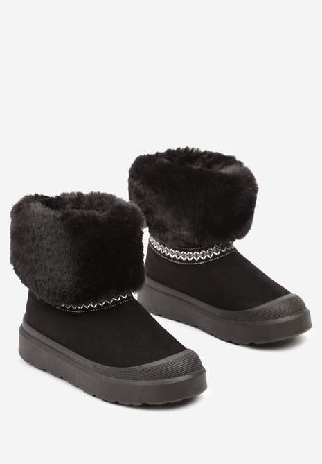 Czarne Śniegowce na Płaskiej Podeszwie Ozdobione Futerkiem i Haftem Lannetea