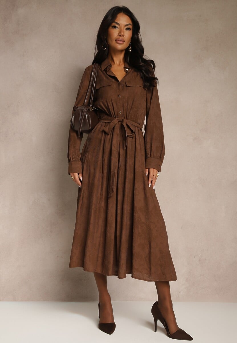 Brązowa Koszulowa Sukienka z Wiskozy o Rozkloszowanym Fasonie z Wiązaniem Isozera