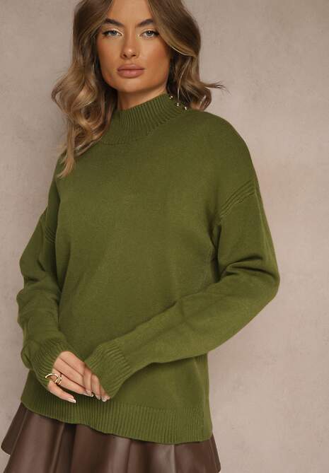 Zielony Gładki Golf Zdobiony Guzikami przy Dekolcie Rallessa