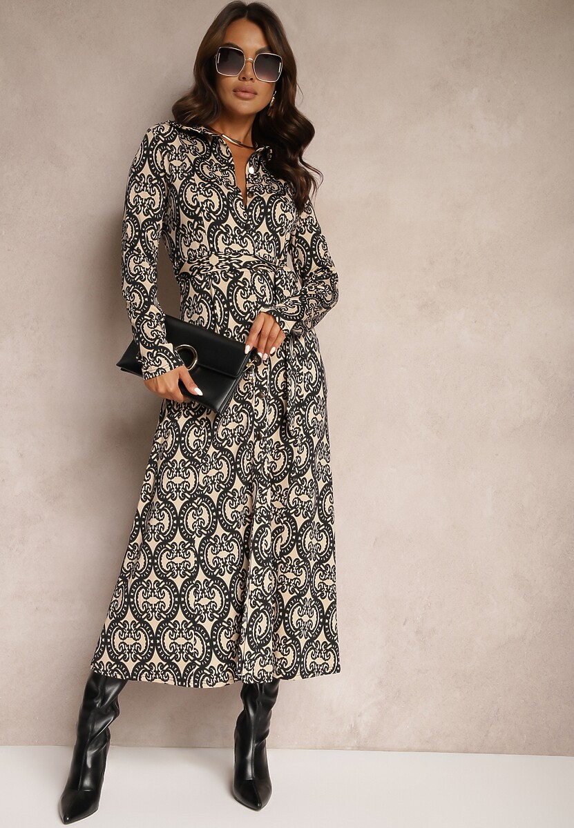 Czarno-Beżowa Wzorzysta Sukienka z Wiskozą o Koszulowym Kroju Ozdobiona Wiązanym Paskiem Evelitha