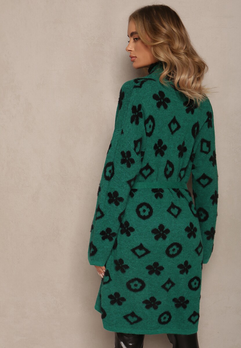 Zielony Kardigan z Wiązanym Paskiem Ozdobiony Wzorem w Kwiaty Timonen