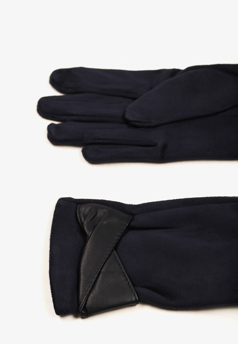 Granatowe  Eleganckie Rękawiczki z Bawełną i Wywiniętą Aplikacją przy Nadgarstku Sissemi