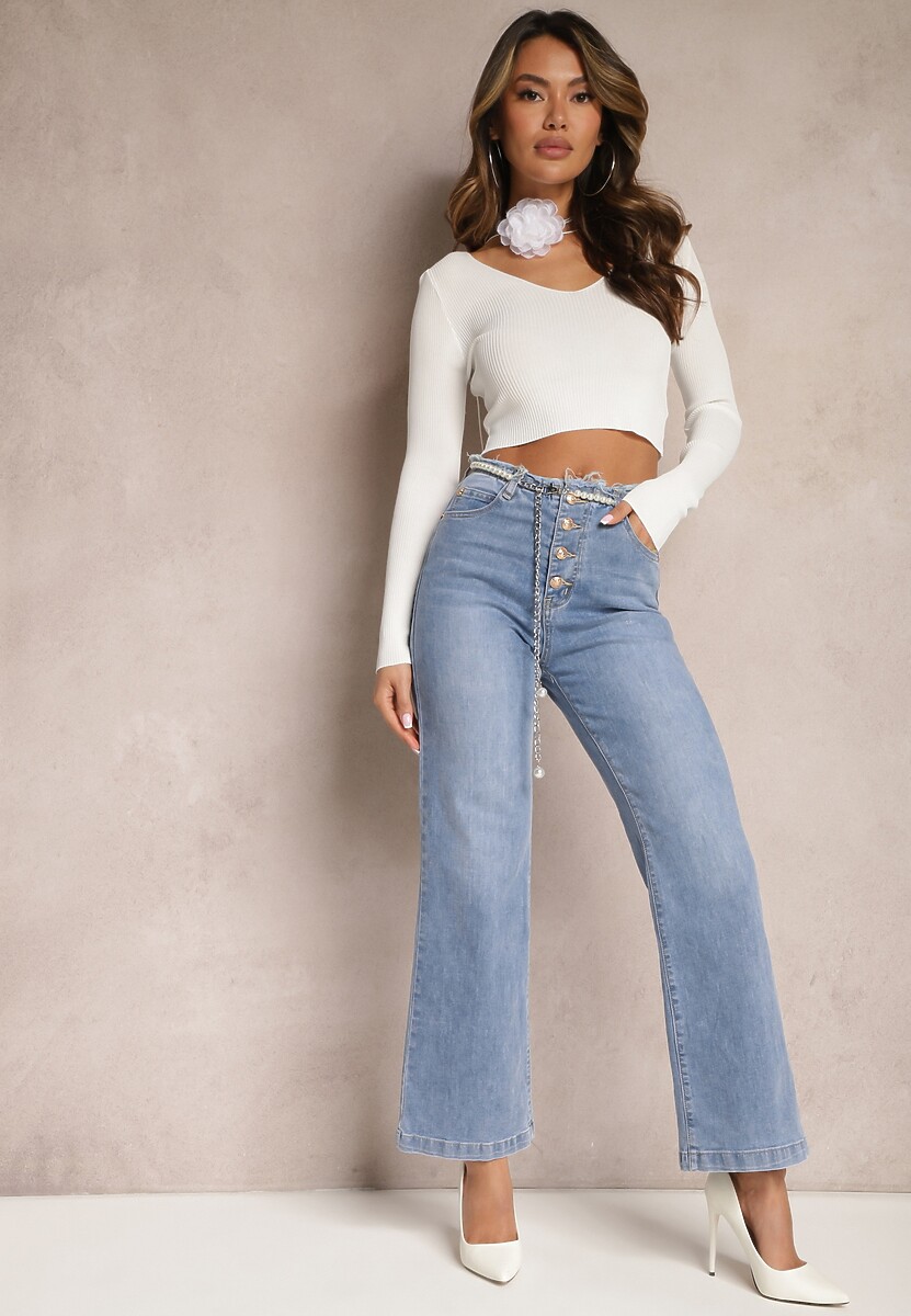 Jasnoniebieskie Jeansy Dzwony z Odpinanym Paskiem z Perłami Dasalind