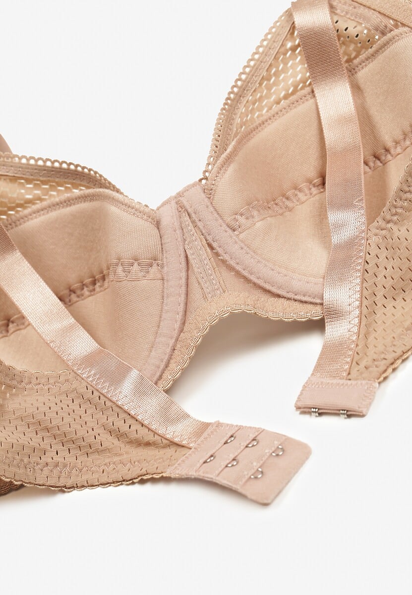 Ciemnobeżowy Biustonosz z Ażurowym Wzorem na Ramiączkach z Regulacją i Haftkami Dimirria
