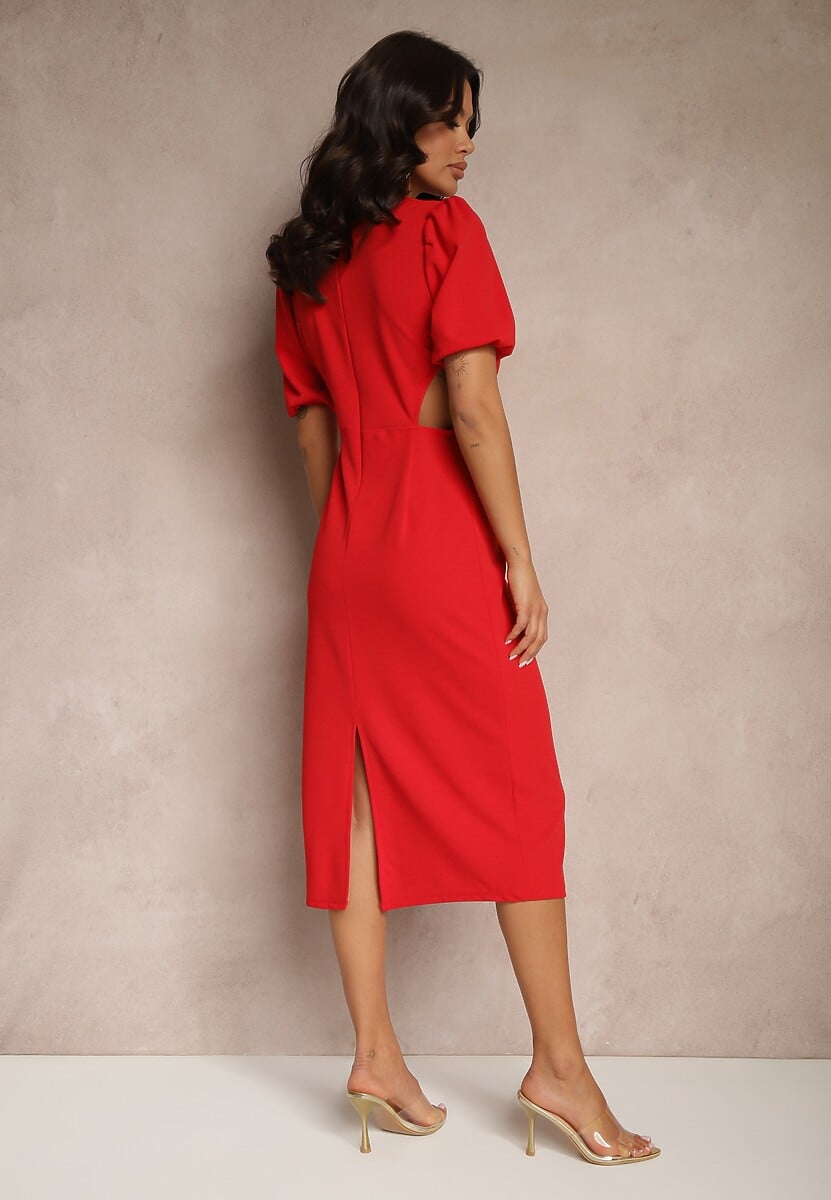 Czerwona Dopasowana Sukienka Zdobiona Marszczeniem i Wycięciem w Pasie Desariel