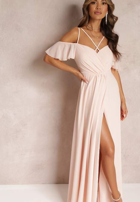 Różowa Rozkloszowana Sukienka Maxi o Kopertowym Fasonie na Cienkich Ramiączkach Burwena