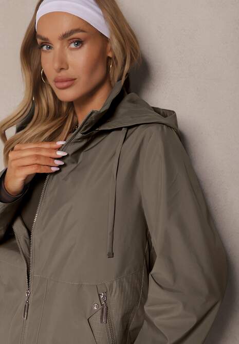 Jasnobrązowa Kurtka w Stylu Wiatrówki z Odpinanym Kapturem Ndivena