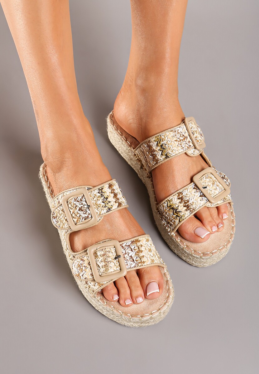 Ciemnobeżowe Płaskie Klapki Ozdobione Plecionką z Regulowanymi Paskami i Sprzączkami Yannia