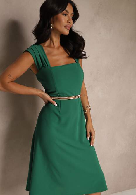 Zielona Klasyczna Sukienka z Szerokimi Ramiączkami Devielle