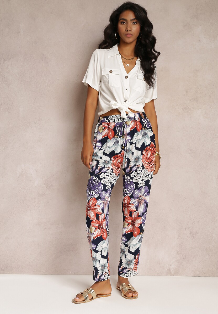 Granatowe Spodnie w Kwiaty z Gumką w Pasie i Prostymi Nogawkami Flosene