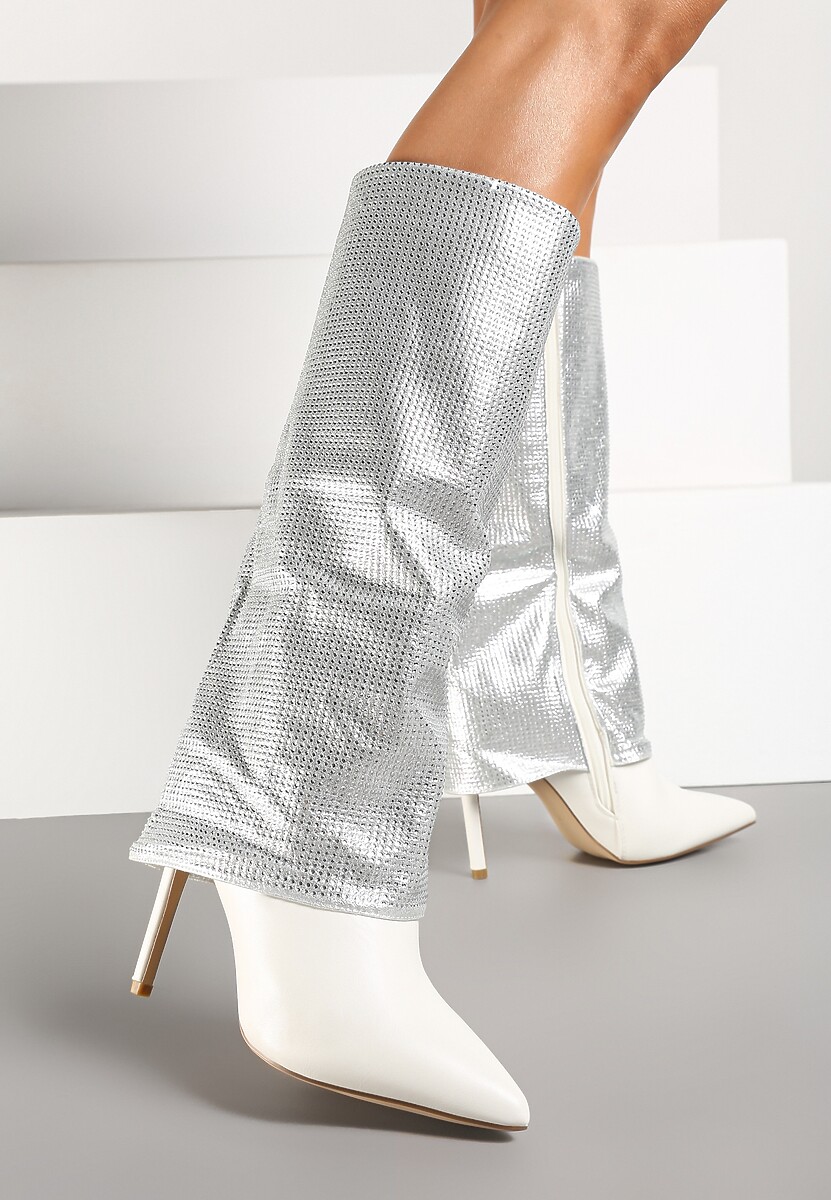 Białe Cyrkoniowe Kozaki na Obcasie Typu Szpilka z Cholewką Imitującą Nogawkę Valentila