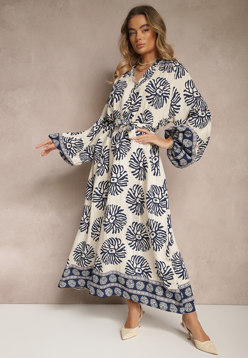 Czarna Sukienka Oversize z Wiskozy z Paskiem Zdobiona Etnicznym Printem Velsekia