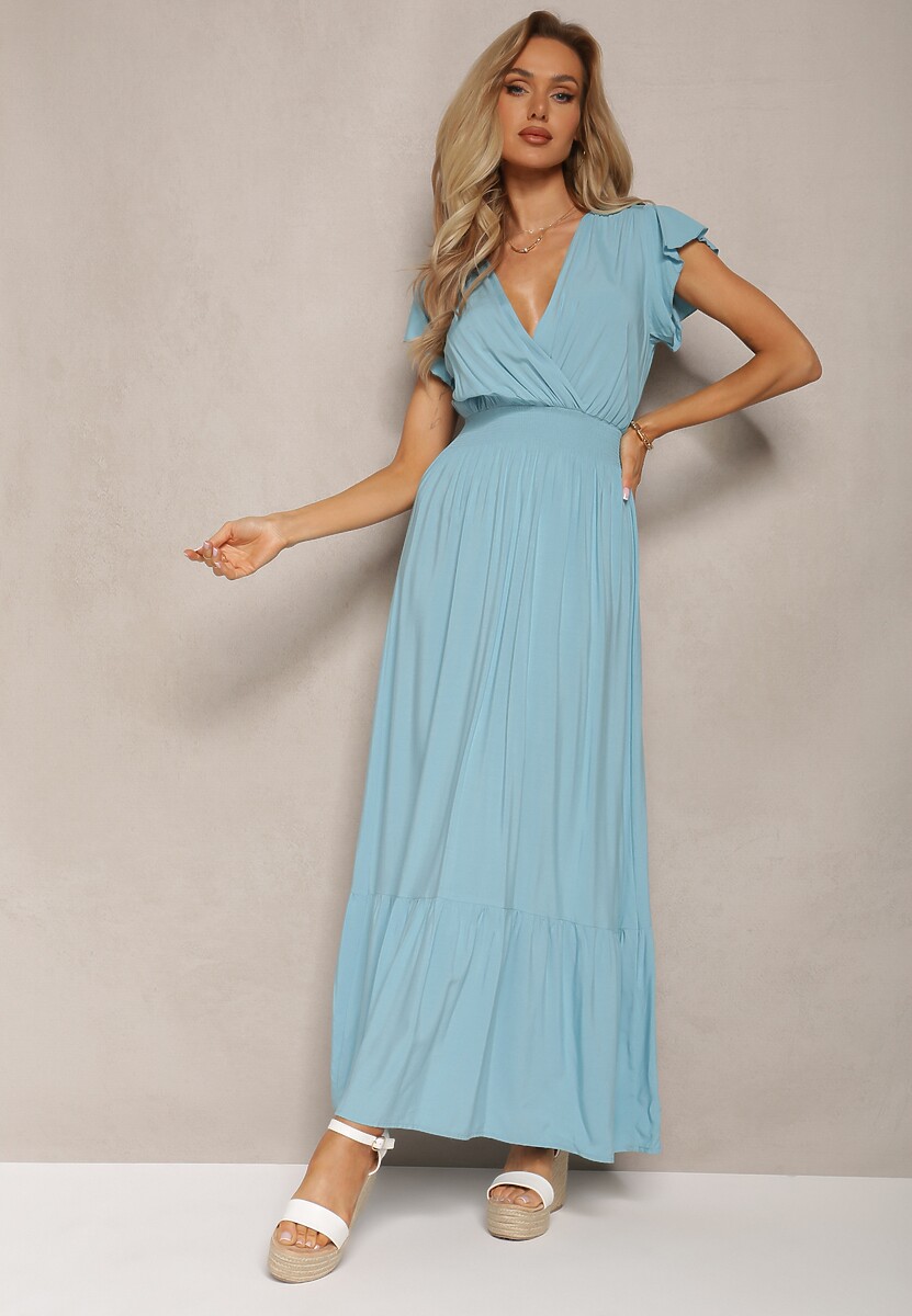 Zielona Rozkloszowana Sukienka Maxi z Bawełny o Kopertowym Kroju Asmerie