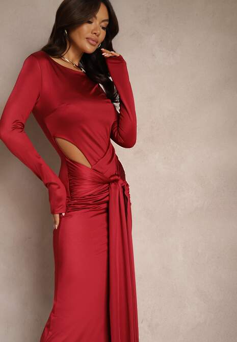 Bordowa Koktajlowa Sukienka z Ozdobnym Wycięciem i Wiązaniem Vamicea