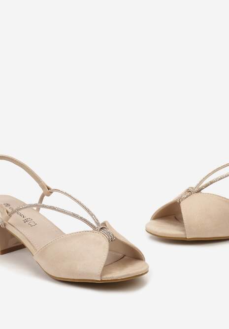 Beżowe Sandały na Niskim Słupku ze Skórzaną Wkładką Zdobione Paskami z Cyrkoniami Alerad