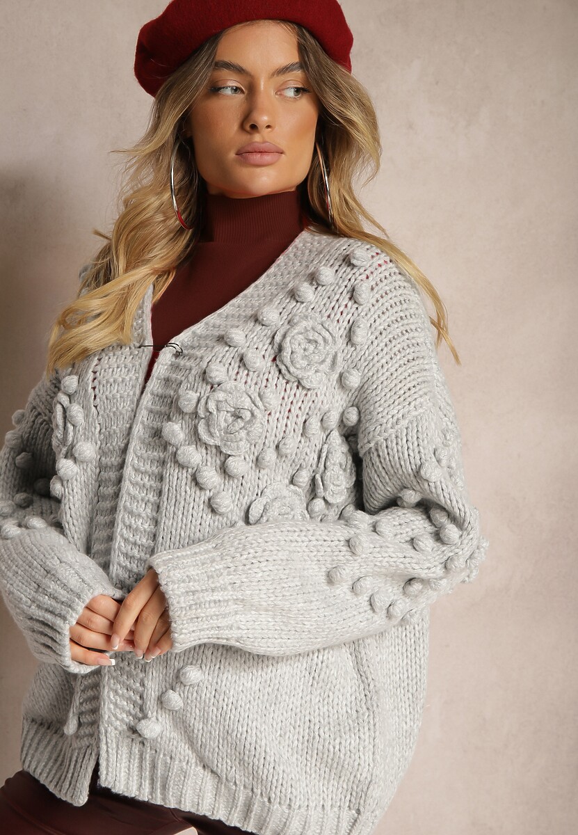 Szary Kardigan Bez Zapięć z Wełną i Wiskozą z Kwiatowymi Detalami 3D Mirima