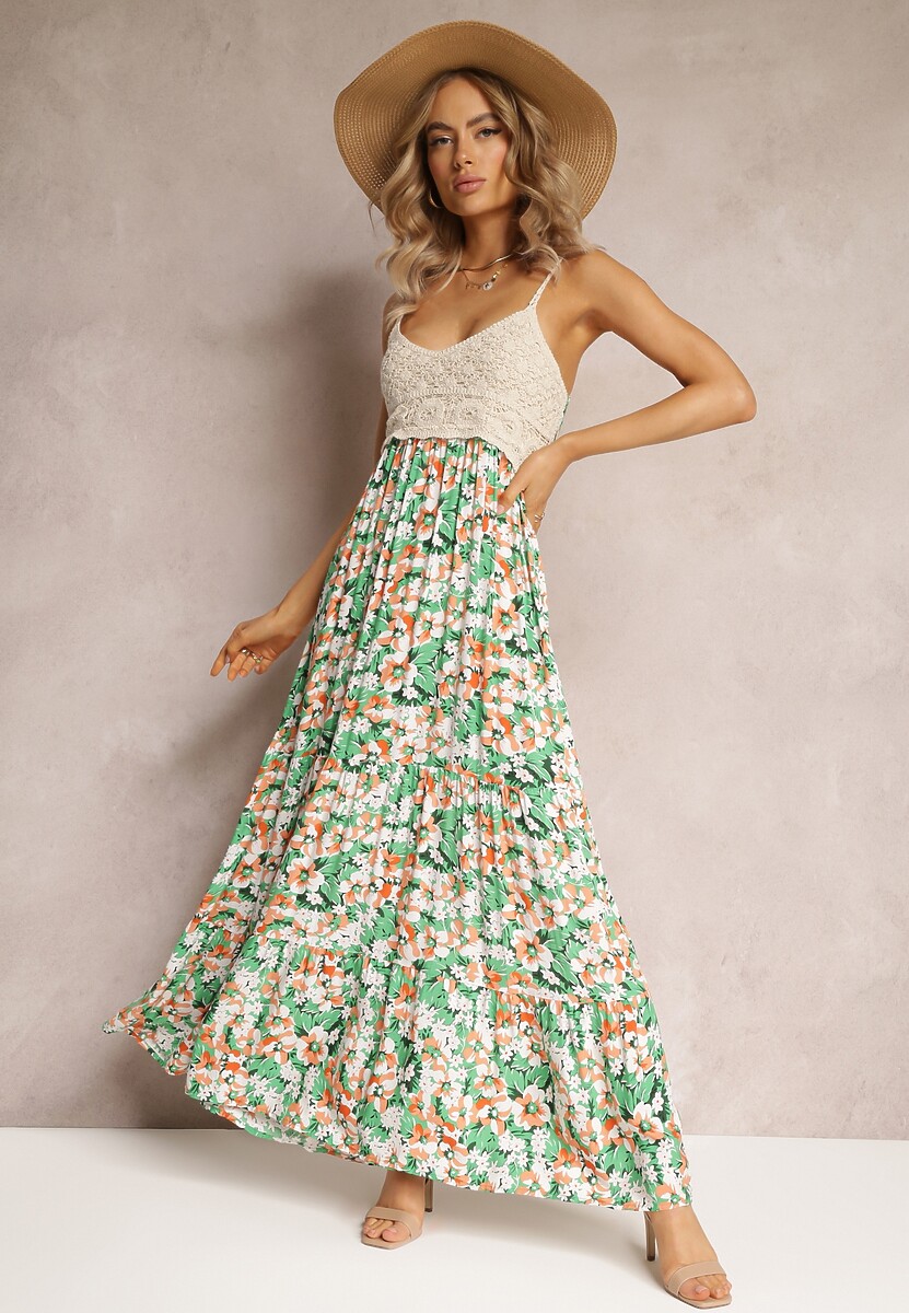 Niebieska Wiskozowa Sukienka Maxi o Rozkloszowanym kroju na Cienkich Ramiączkach w Kwiaty Netela