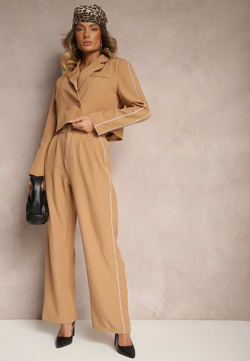 Szary Komplet Garniturowy z Lampasem Krótka Marynarka i Szerokie Spodnie z Zakładkami Lorenda