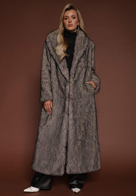 Beżowo-Czarny Płaszcz Futerko o Długim Kroju Ozdobiony Kołnierzem Cannesa