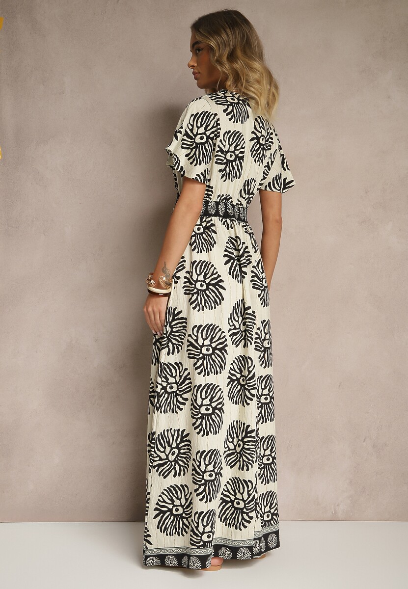Beżowo-Czarna Sukienka w Print Boho z Wiskozy Rozkloszowana z Dekoltem V Palarina