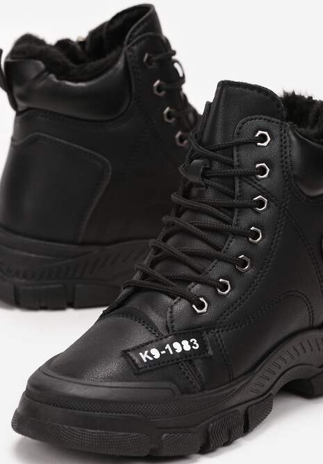 Czarne Wiązane Traperki na Grubej Podeszwie Mibraces