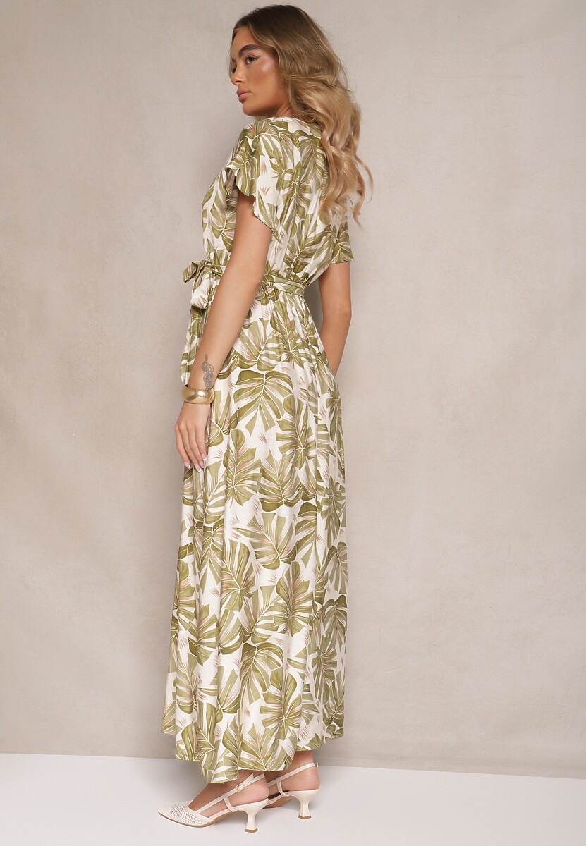 Zielona Sukienka w Listki z Elastyczną Gumką w Talii i Wiązanym Paskiem Jaliren