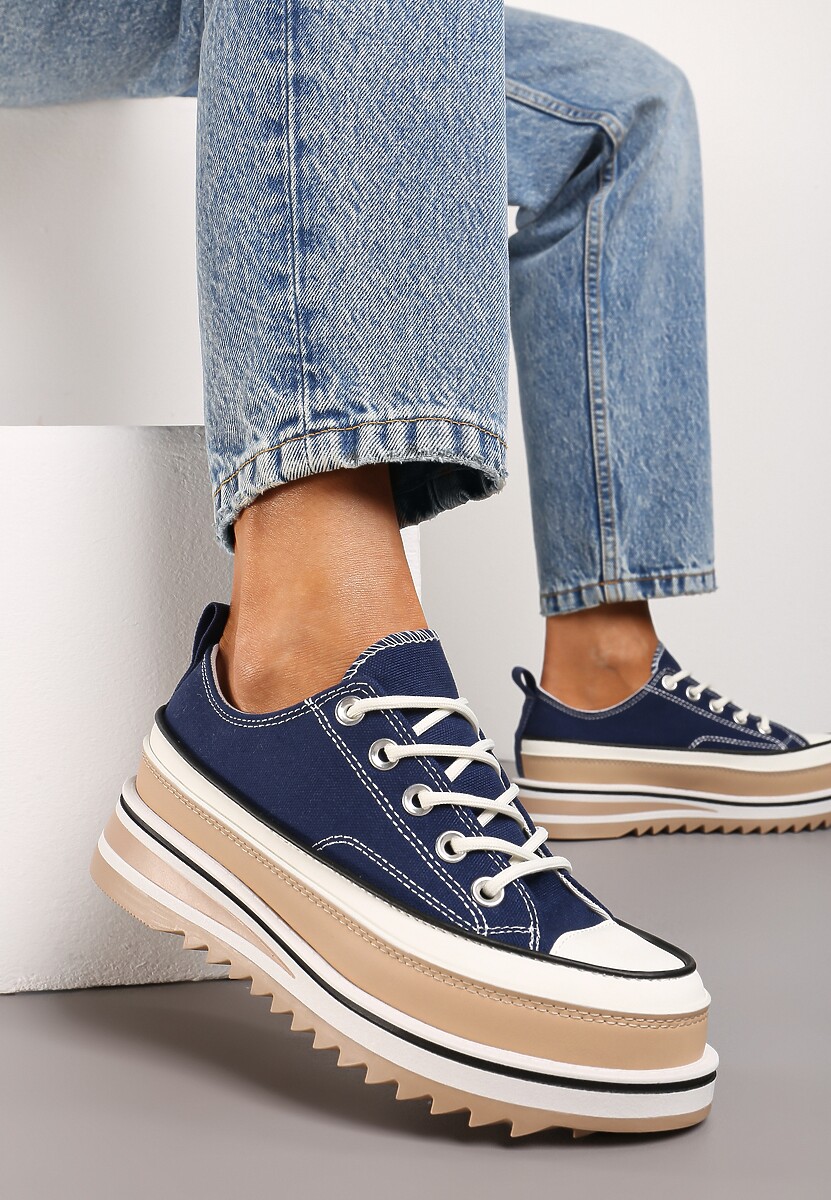 Granatowe Trampki na Ozdobnej Platformie ze Sznurowaniem Moonoria