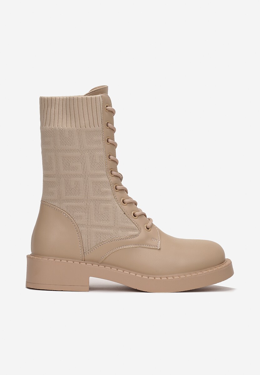 Ciemnobeżowe Botki Sznurowane z Elastyczną Cholewką Moirona