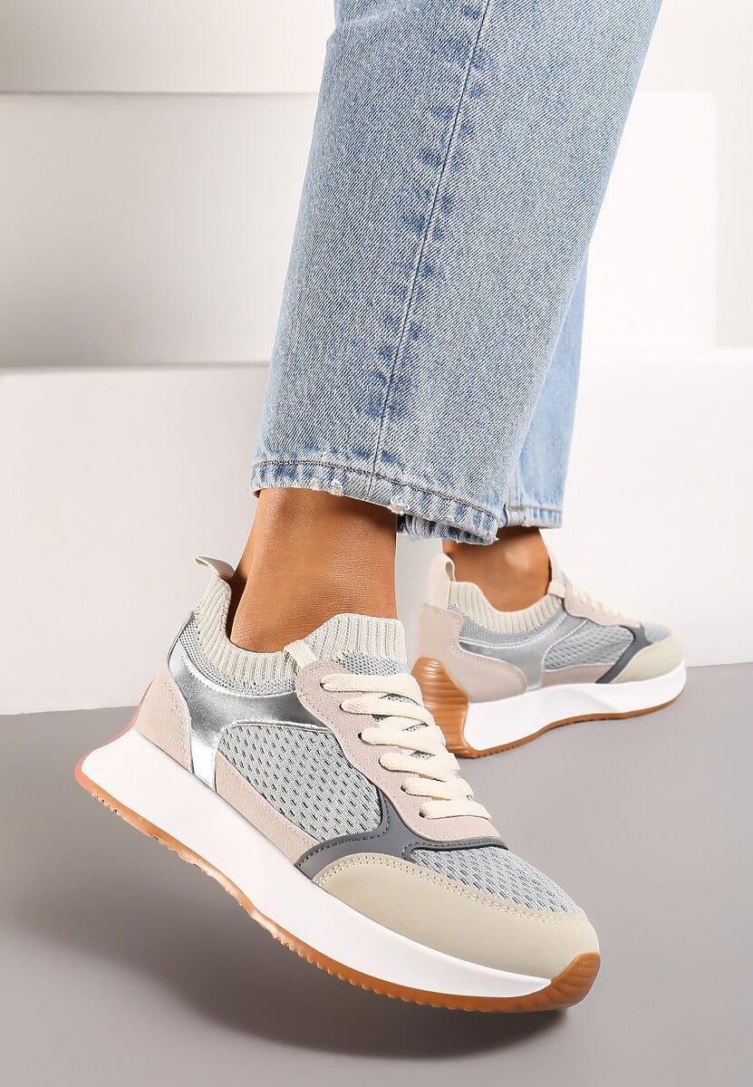 Szaro-Beżowe Wsuwane Sneakersy na Platformie ze Sznurowaniem i Metalicznymi Wstawkami Nercea