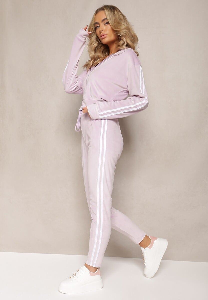 Jasnofioletowy 2-Częściowy Komplet Dresowy z Weluru z Ozdobnymi Lampasami Bluza i Spodnie Anelpe